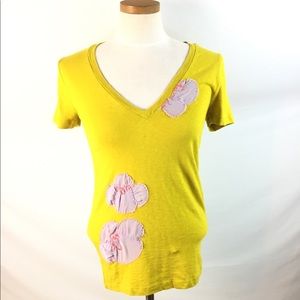 Jcrew mustard yellow vneck with purple silk flower